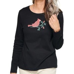 Christmas Top Women's XXL Black Floral Bird Print‎ Holiday